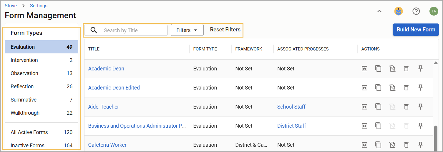 Overview of form management with evaluation types and associated actions listed.